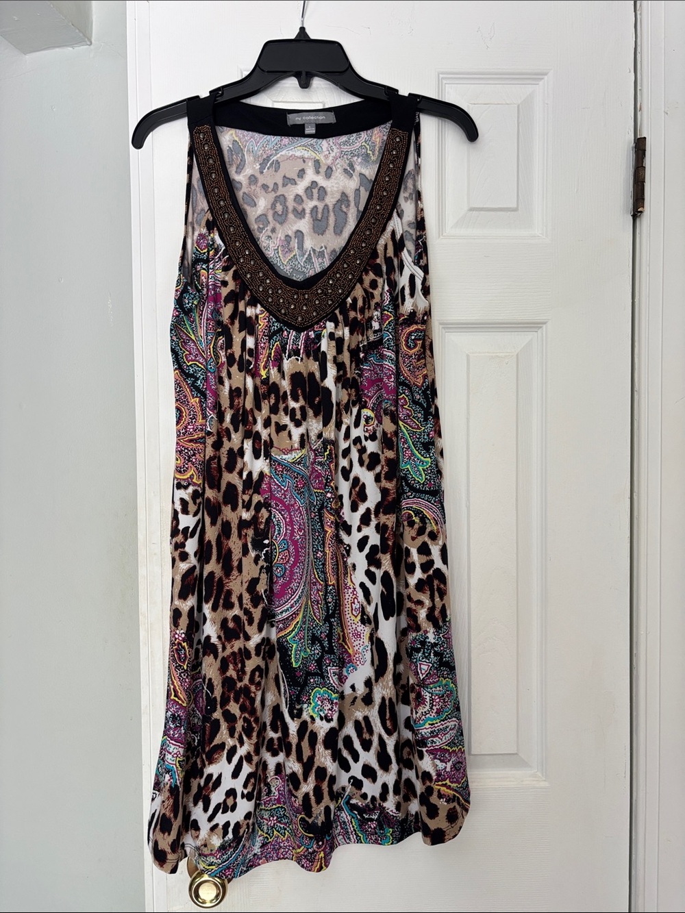 Beaded V-Neck Animal & Paisley Print Dress